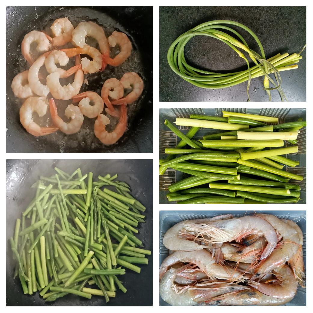 炒虾仁配图：锅中翻炒虾仁与子姜的场景，热气腾腾，锅铲与食材清晰可见