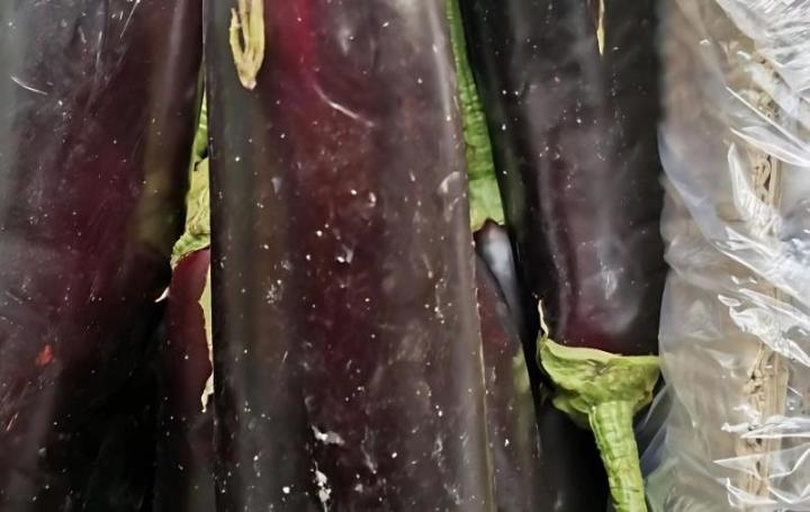 新鲜茄子与切开放置数小时后的茄子并列对比,左侧为刚切开的紫黑色光泽表面,右侧为暴露空气中2小时后的褐色切面,背景为厨房操作台,光线自然 茄子切面褐变过程对比图