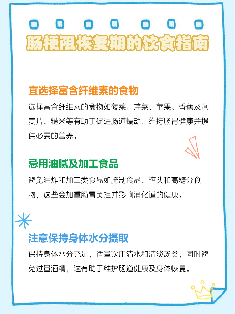 一张医学插画风格的图表,展示肠梗阻患者的三个饮食阶段:急性期(红色区域,标注‘禁食’)、缓解期(黄色区域,标注‘流质→半流质’)、恢复期(绿色区域,标注‘软食→正常饮食’),配有简要文字说明和箭头流程 肠梗阻患者饮食分期示意图