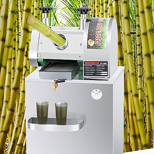 一堆新鲜砍好的甘蔗放置在木质桌面上,旁边是一台不锈钢商用螺旋榨汁机,机器正在运行中,甘蔗条被送入进料口,透明导管中正流出清澈的甘蔗汁,背景为乡村集市环境,阳光洒落,营造出自然健康的氛围 甘蔗堆与榨汁机并置场景