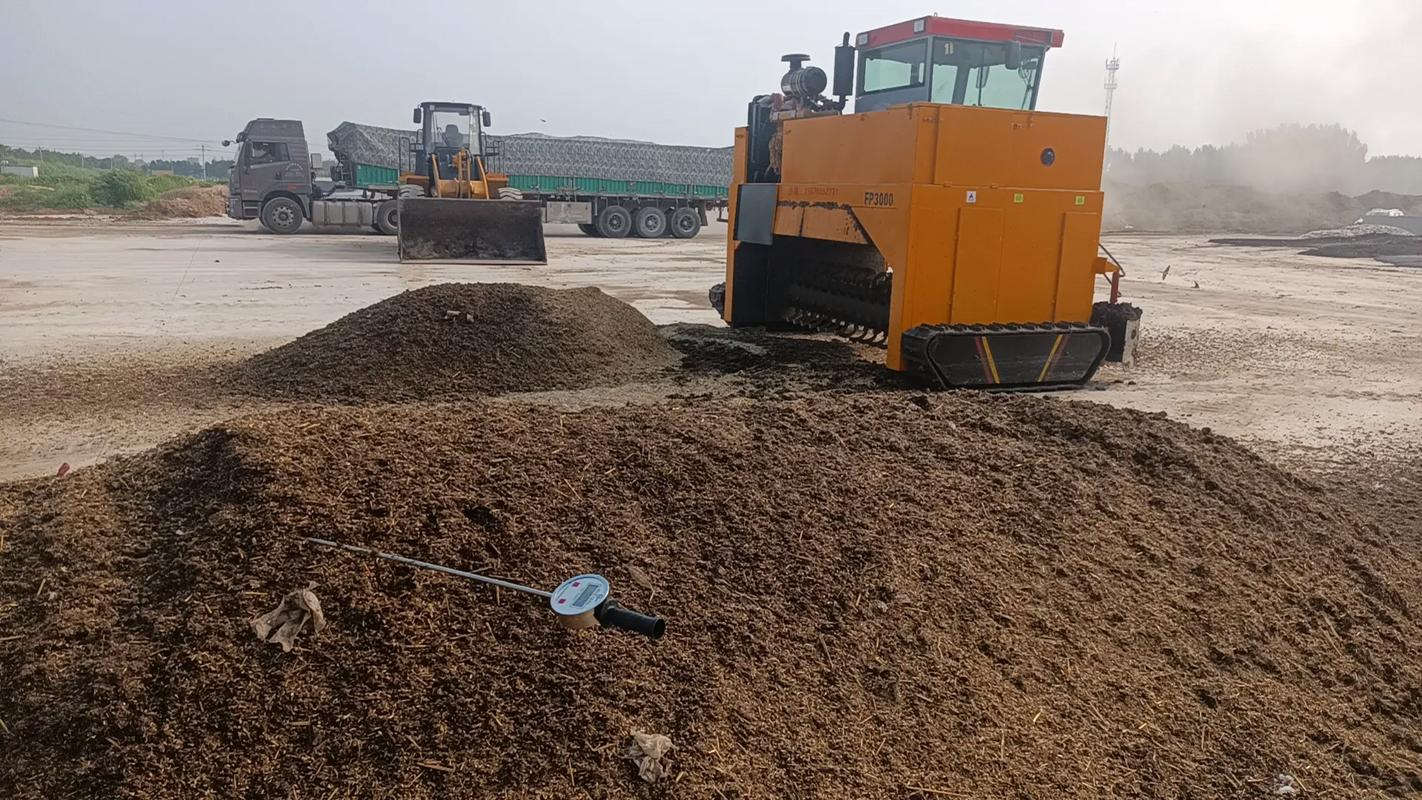 图示为农民在田间进行深翻整地,均匀撒施有机肥,并使用旋耕机混匀土壤,准备起垄。背景可见已翻耕的疏松土地和堆放的腐熟牛粪堆肥 大花月季种植前整地施肥场景