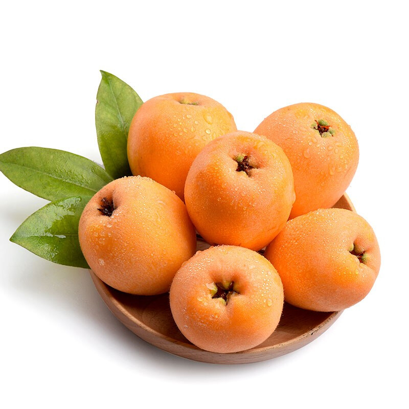 一簇成熟的枇杷果实挂在绿叶之间,果实呈金黄色,表皮光滑,部分带有细小绒毛,背景为自然田园环境,阳光透过树叶洒在果实上,突出其新鲜与天然品质 枇杷果实特写