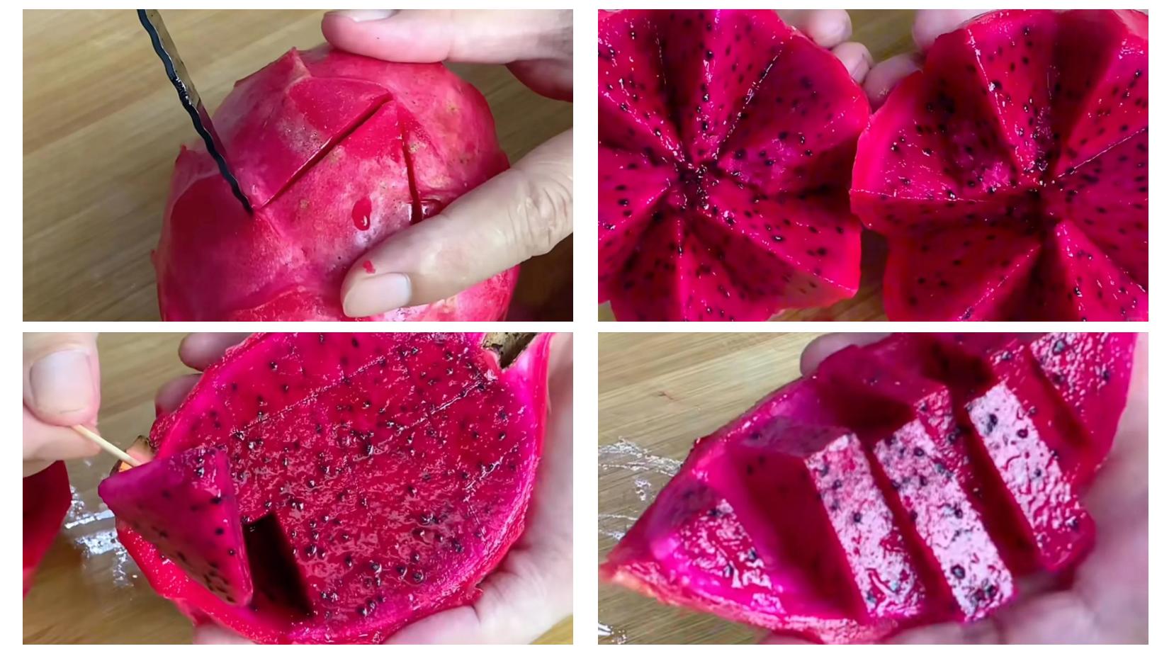 三步展示图:第一步为切开的白心火龙果取出果肉;第二步为果肉切成小块摆放在金属托盘上;第三步为装入透明密封袋并标注日期,背景为厨房操作台 白心火龙果冷冻处理过程示意图