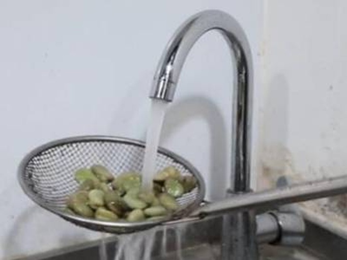 厨房台面上展示五个步骤:清洗后的荷兰豆、沸水锅中漂烫、冰水盆中冷却、晾干在网架上、分装进密封袋并标注日期,配有文字标签说明各阶段时间参数 家庭冷冻荷兰豆操作流程图