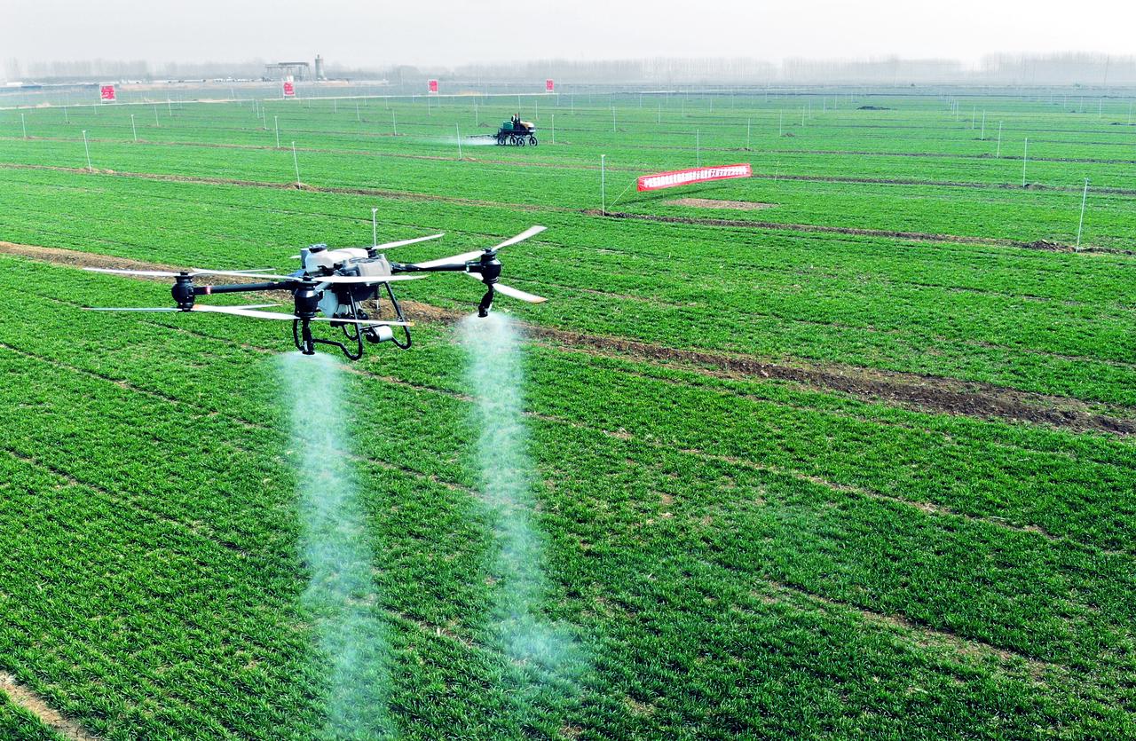 一名农民在开阔的农田中操作农业无人机进行除草剂喷洒作业,无人机低空飞行于绿色作物上方,均匀喷出雾状药液,远处可见整齐排列的作物行距,展现现代化精准农业的应用场景 农田中农民使用无人机喷洒除草剂场景