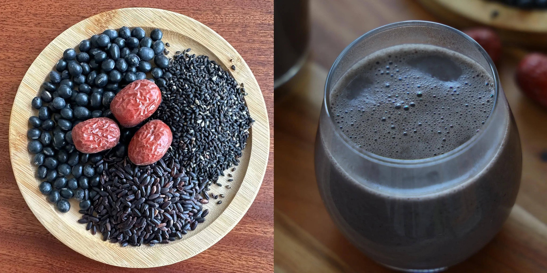 展示黑豆、黄豆、红枣、糯米、黑芝麻等食材的组合搭配 黑豆豆浆食材搭配图