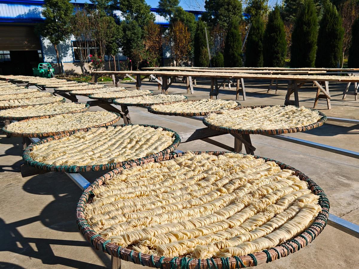 一张摆放在木质餐桌上的姜汤面全景图，背景是古朴的江南民居窗棂，窗外飘着细雨，桌上还有一杯热茶和一本翻开的笔记本，记录着“姜汤面配方”字样