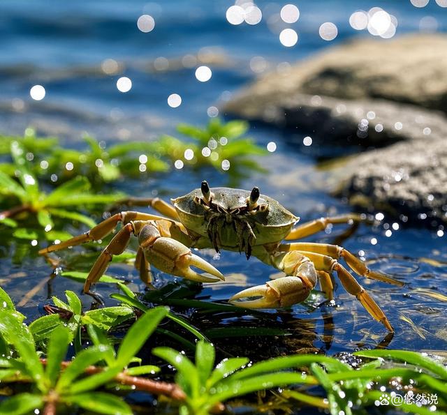 大海边梭子蟹在退潮后的沙滩上爬行