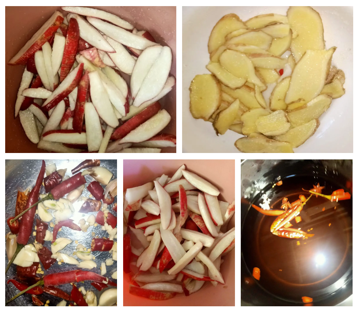 腌制过程中的萝卜与干辣椒