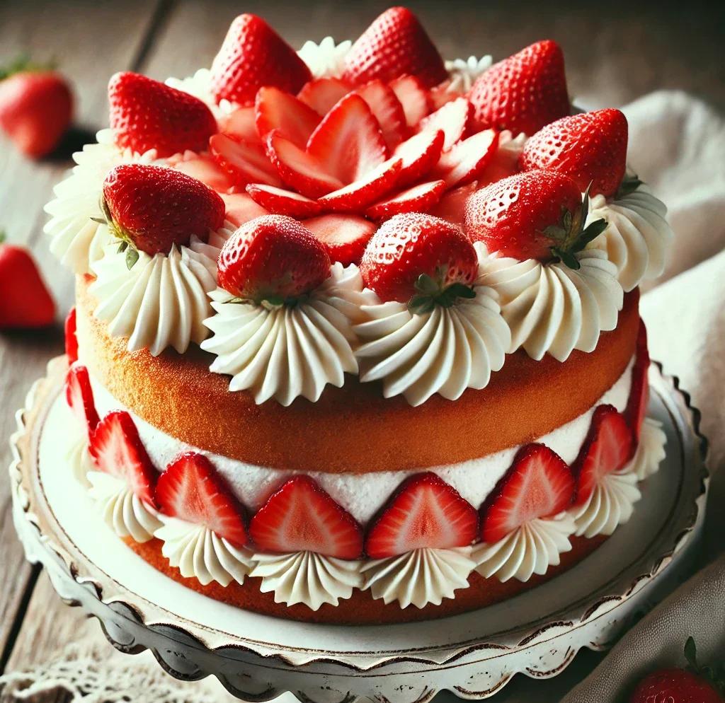 一张奶油草莓主题的甜品桌全景图,桌上摆放着奶油草莓蛋糕、杯子蛋糕、奶昔和新鲜草莓,周围点缀着鲜花与餐具,整体氛围浪漫温馨 奶油草莓甜品桌全景