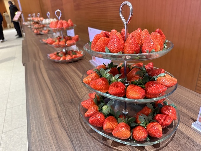 一张木质餐桌上摆放着精致的甜点拼盘,包含整颗红颜小草莓、切开的大草莓片、巧克力蘸草莓、草莓奶油蛋糕和玻璃杯中的草莓果昔,背景虚化,突出食物色彩与质感 红颜草莓餐桌应用