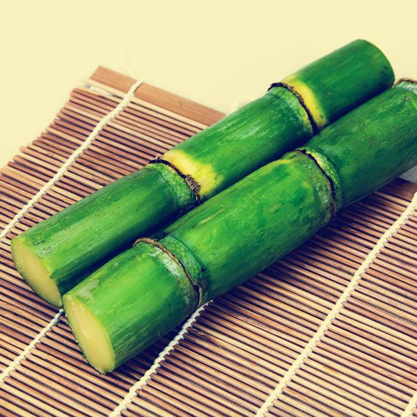 一根新鲜的甘蔗被切割成两段,一端较粗,另一端较细,展示出甜度分布的不均 甘蔗被切割的场景