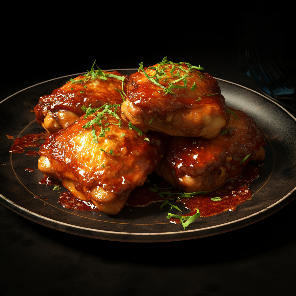 蒜香烤葡萄鸡腿摆盘实拍:突出葡萄与鸡肉的嵌入结构、葡萄焦糖化纹理、蒜末分布状态 蒜香烤葡萄鸡腿成品特写:金棕色鸡块间嵌着琥珀色微皱的克伦生葡萄,表面泛油光,锡纸上可见浓缩葡萄汁与蒜末焦斑