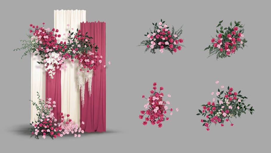 一组以朱丽叶玫瑰为主材的花艺设计作品,包括新娘手捧花、餐桌中心花饰、玻璃花盒和礼盒包装切花,背景为白色布景台,搭配尤加利叶与满天星,突出花朵的柔美色调与高级质感 朱丽叶玫瑰花艺作品展示