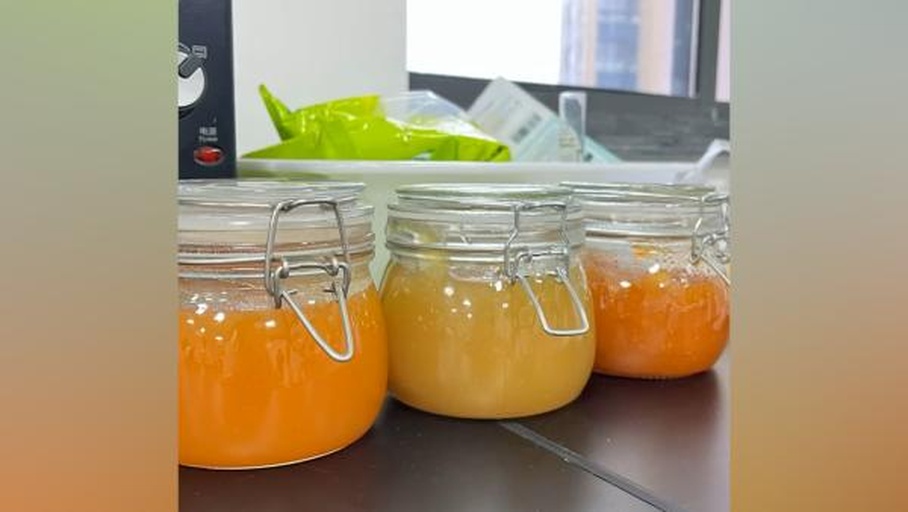 一排三个玻璃罐分别展示：新鲜切块菠萝、盐水浸泡中的菠萝、真空密封袋装冷冻菠萝，背景为厨房台面