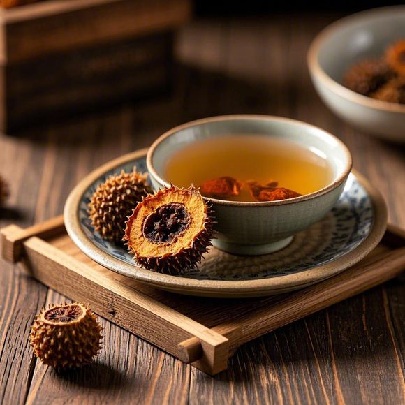 一只白色瓷杯盛着一杯澄澈金黄的茶汤,杯底可见几粒深褐色苦荞颗粒,一朵完全盛开的金丝皇菊悬浮其中,茶汤倒影映出窗外绿植,整体画面传递出自然、纯净、养生的生活方式氛围 金丝皇菊苦荞茶成品饮品图