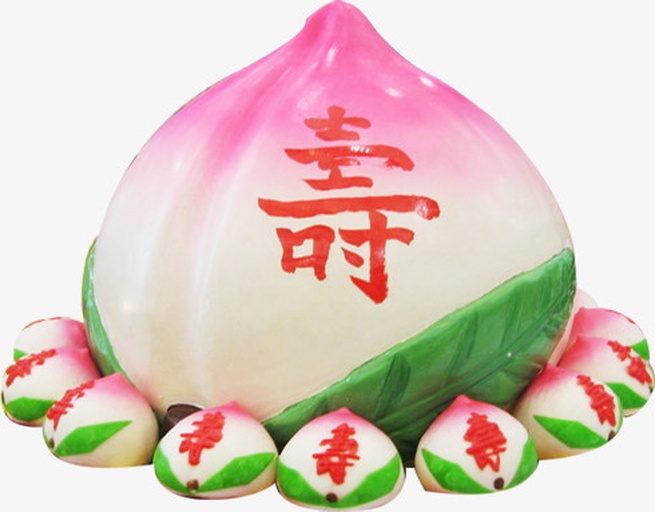寿桃包成品摆盘图，搭配节庆装饰，寓意吉祥