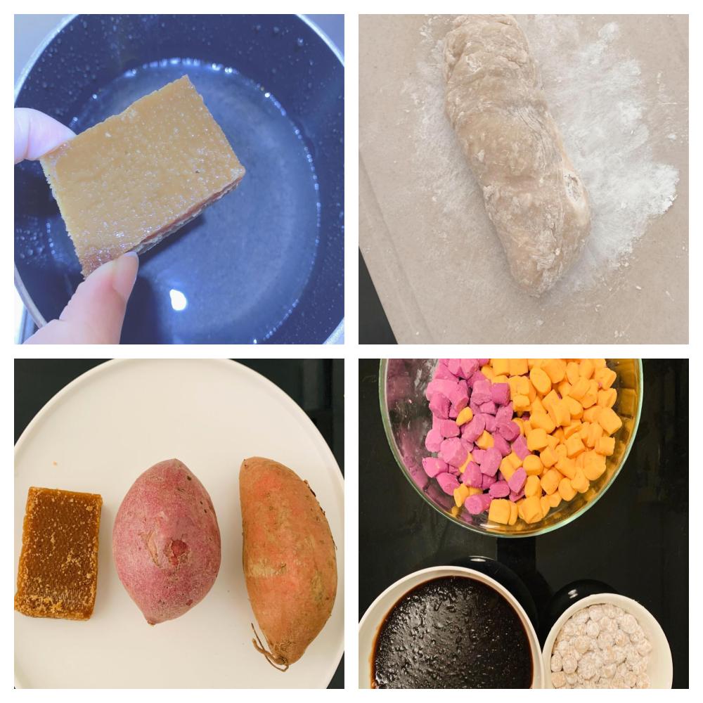 展示香芋汤圆从制作到煮制的全过程,包括揉面、包馅、下锅等步骤 香芋汤圆制作过程