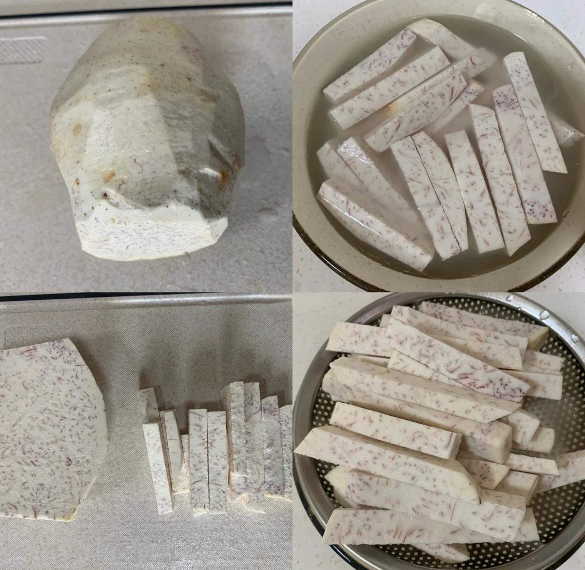 图示展示芋头安全预处理四步骤:1.整芋冷水浸泡15分钟;2.佩戴厚PVC+棉布双层手套,用不锈钢刮皮刀单向刮皮;3.刮净后浸入淡盐水(5%浓度)10分钟;4.冷水入锅加姜片料酒焯水3分钟,捞出沥干备用 芋头预处理全流程示意图:左起为整芋浸泡、戴双层手套刮皮、盐水浸泡、焯水装盘