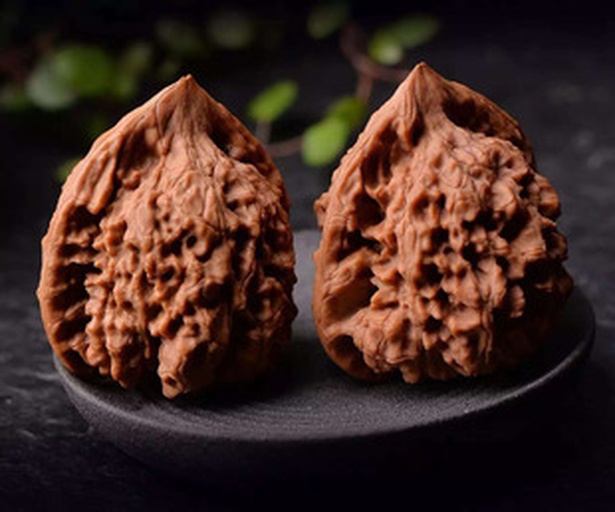 一对已完成去青皮并初步晾干的文玩核桃整齐摆放在白色棉布上，表面纹理清晰，色泽均匀