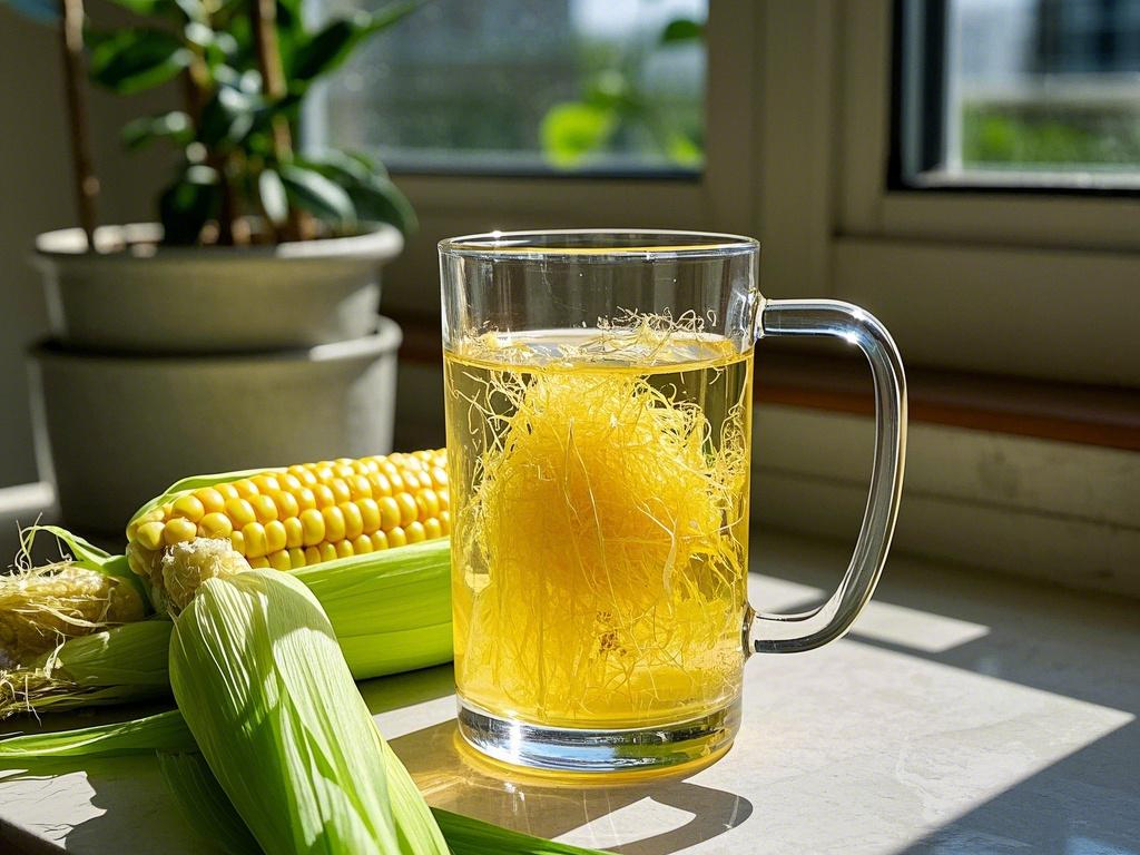 一位年轻女性在阳光厨房中手持蒸熟的糯玉米作为早餐,旁边配有绿叶沙拉和水杯,体现健康生活方式 女性早餐食用糯玉米场景