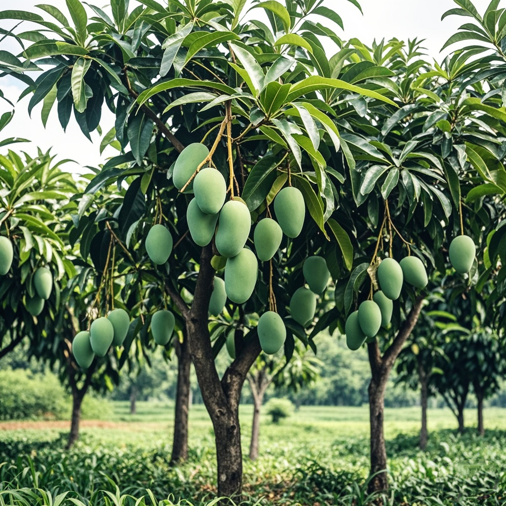 展示芒果种植园的自然环境,包括阳光、树冠和悬挂的芒果果实,体现气候与种植环境的影响 芒果种植园环境图