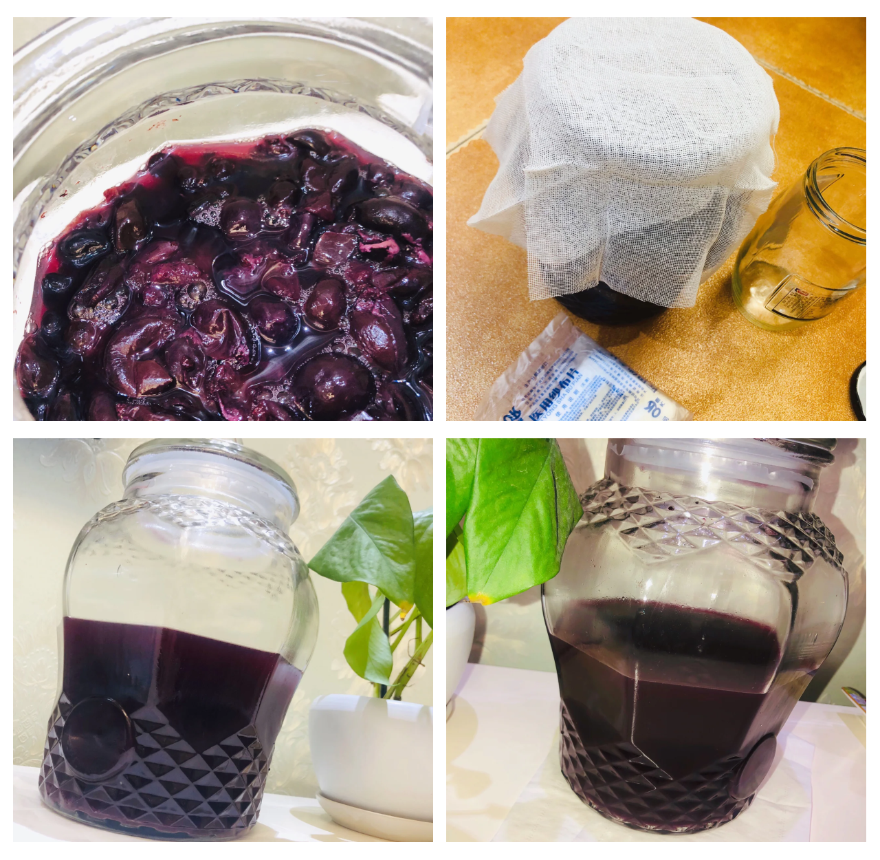 家庭自制蓝莓果汁过滤过程实拍,操作者戴食品级手套,使用80目不锈钢滤网与硅胶刮刀,强调‘轻推不挤压’手法,背景整洁体现卫生标准 家庭厨房场景:左手持80目不锈钢滤网正在过滤紫红色果汁,右手执硅胶刮刀轻推滤渣,滤网下方玻璃量杯中已积聚约150ml清澈果汁,台面散落蓝莓皮与苹果碎,体现专业过滤操作