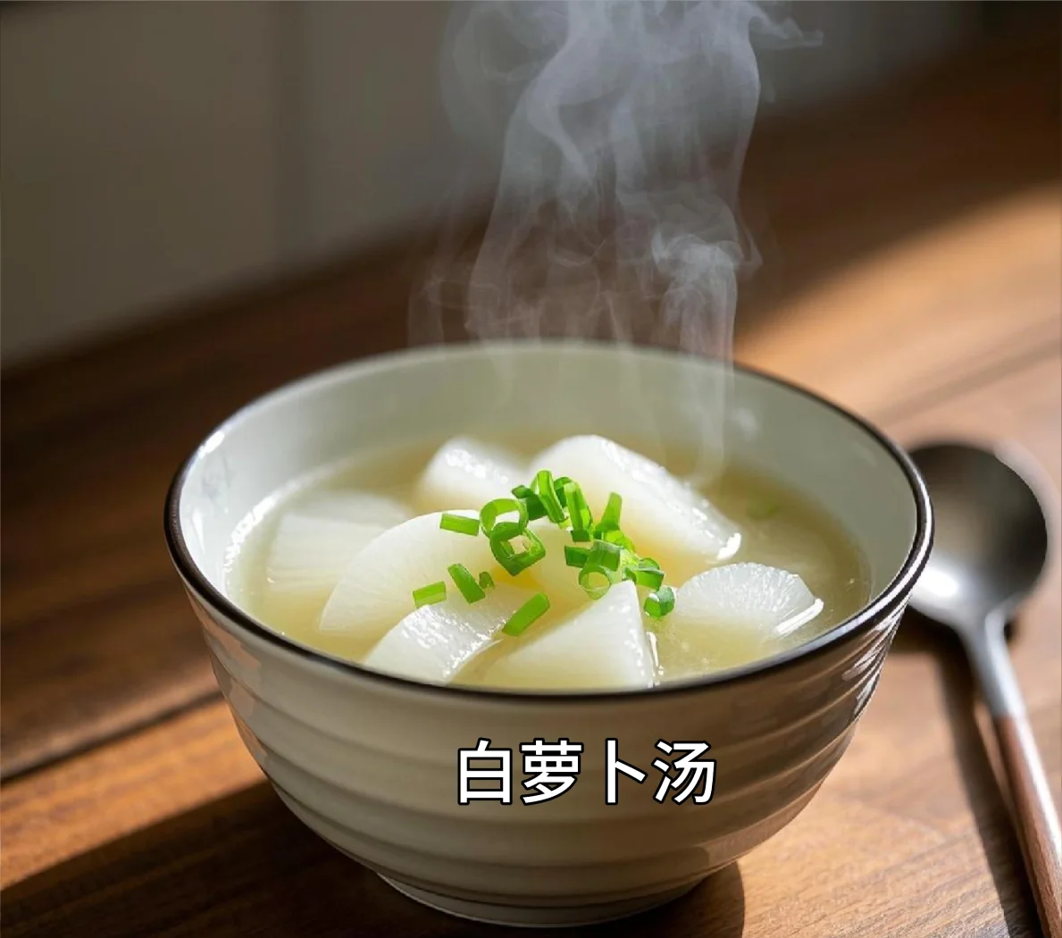 不锈钢汤锅内正在炖煮的白萝卜汤,汤色清澈微白,萝卜块半透明,可见浮起的白胡椒颗粒和姜片,热气蒸腾,灶台为现代厨房环境 白萝卜炖煮过程特写