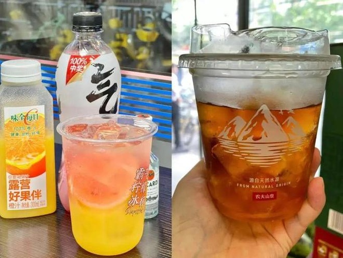 成品展示：三杯不同风格的雪碧梨饮品摆拍