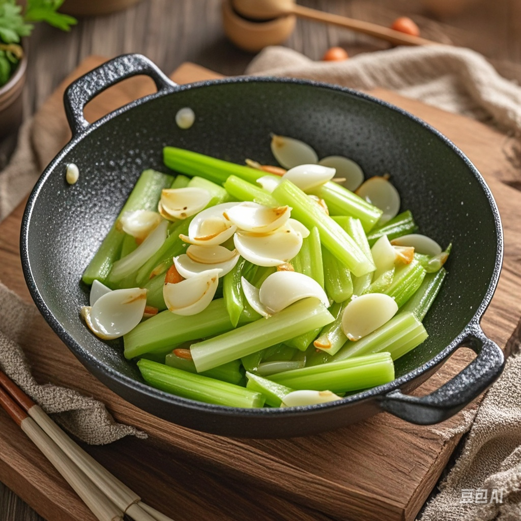 一盘热气腾腾的西芹水饺盛在白色瓷盘中，配以醋碟和蒜瓣，背景虚化，突出食物质感