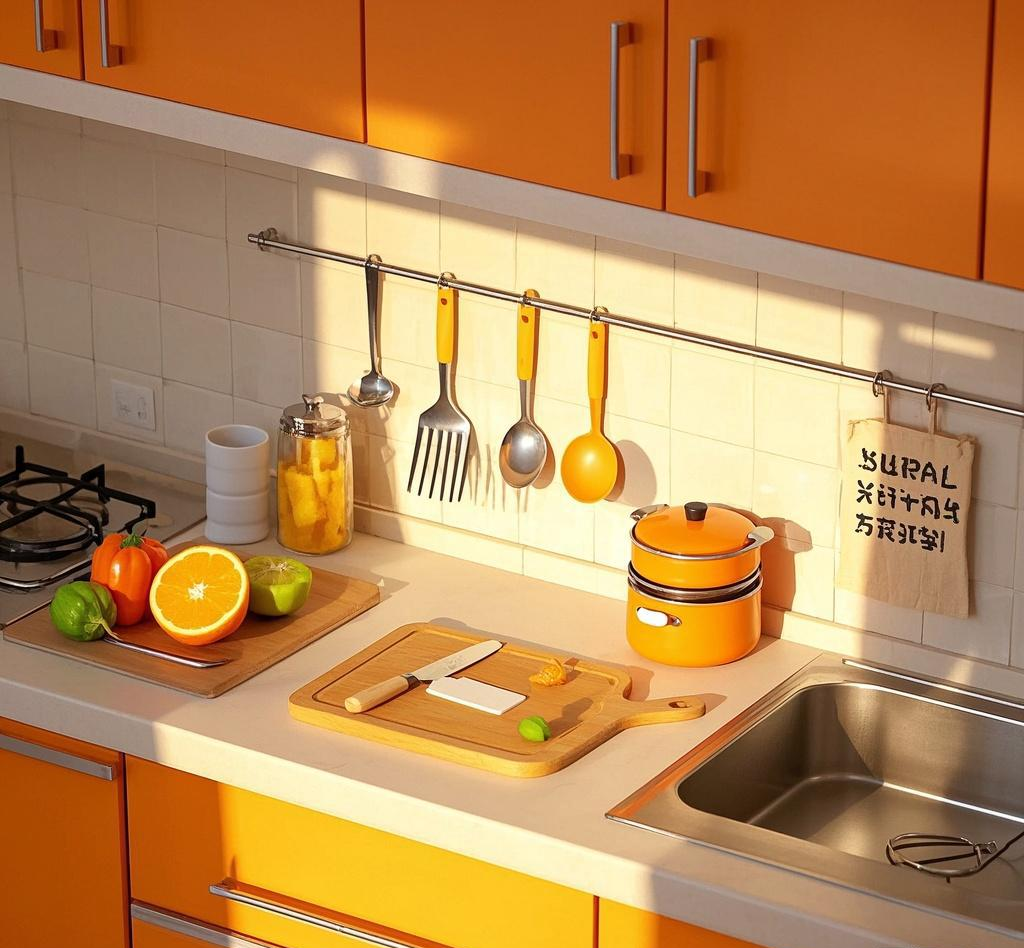 一张整洁的白色厨房操作台上摆放着新鲜金桔、切半的柠檬、玻璃量杯、蜂蜜罐、捣棒和透明饮品杯,食材排列有序,光线柔和,营造出温馨的手作氛围 厨房操作台上的金桔柠檬原料摆拍