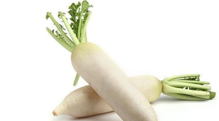 农贸市场摊位上整齐摆放的新鲜白皮与红皮萝卜