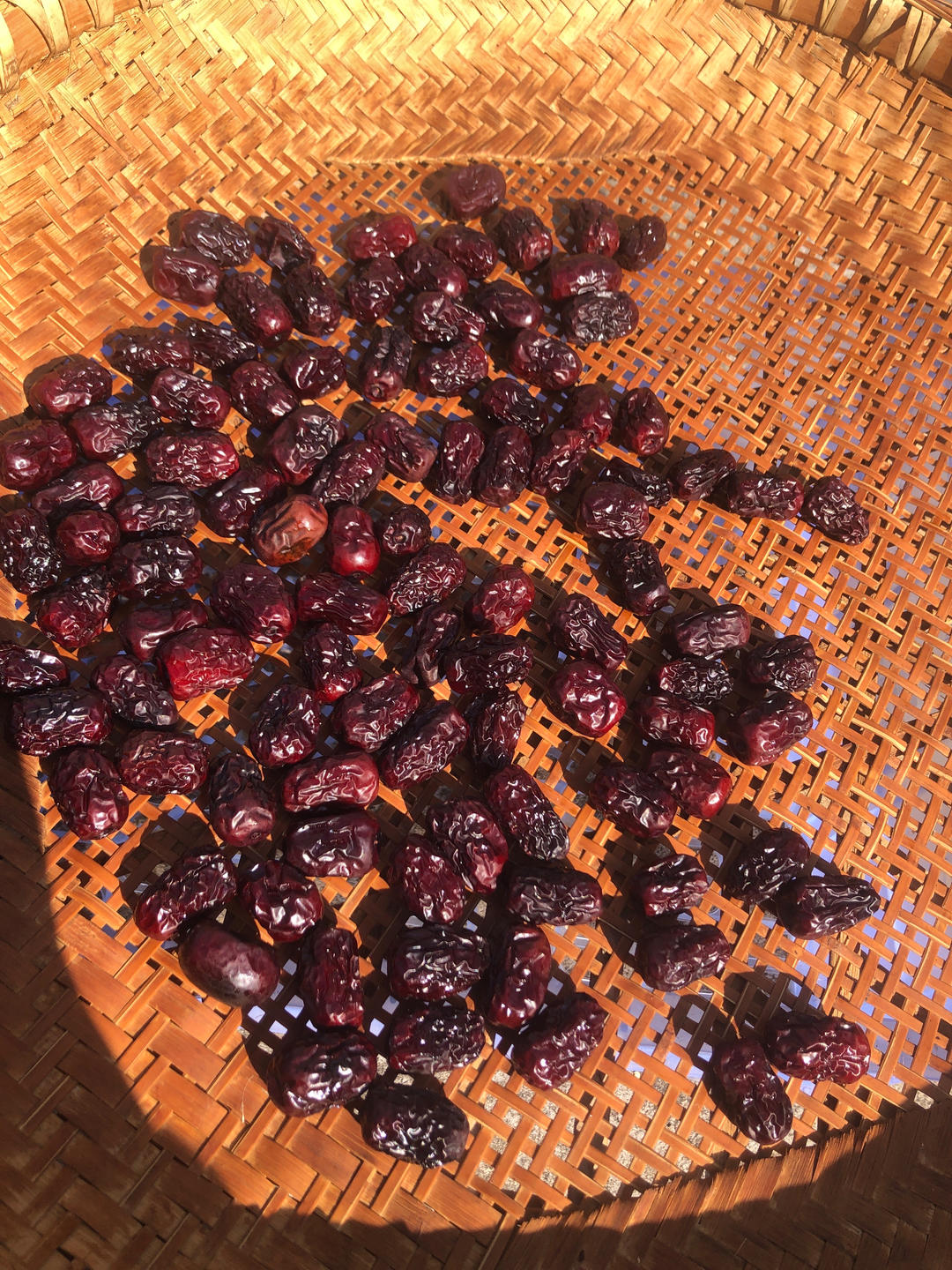 多个青枣被整齐地切成两半并去核,排列在透气竹筛上,切面朝上,光线明亮,背景为户外晾晒架,周围有遮阳网 青枣切片晾晒过程