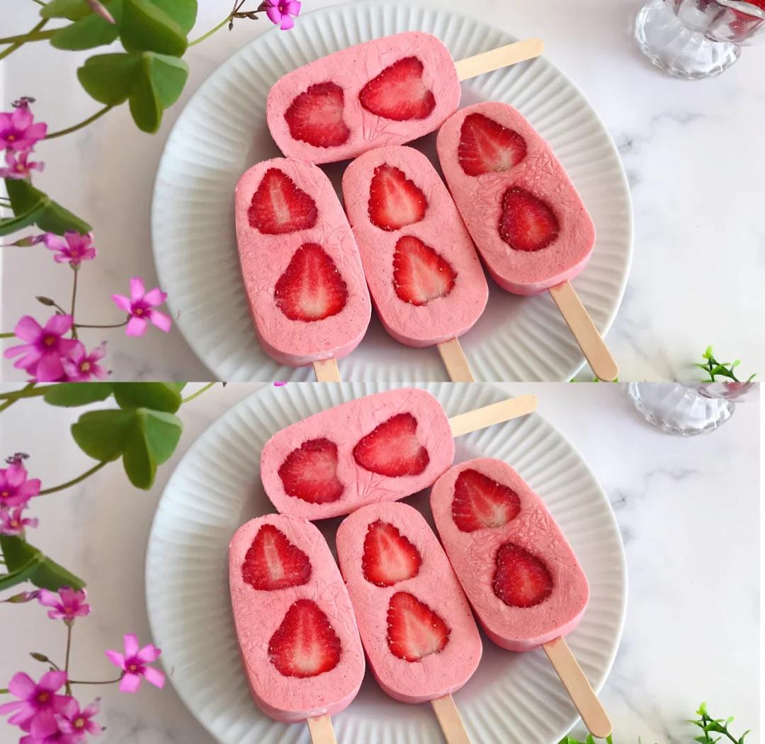 草莓奶盖冰棒特写