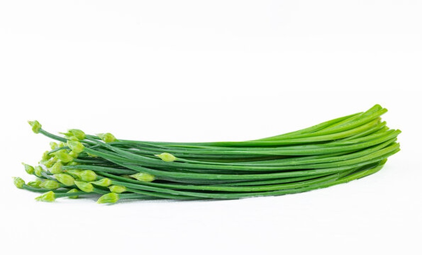 一束新鲜翠绿的韭菜花,花瓣紧实,茎部洁白,背景为厨房操作台,光线自然明亮,突出食材的新鲜状态 韭菜花新鲜特写