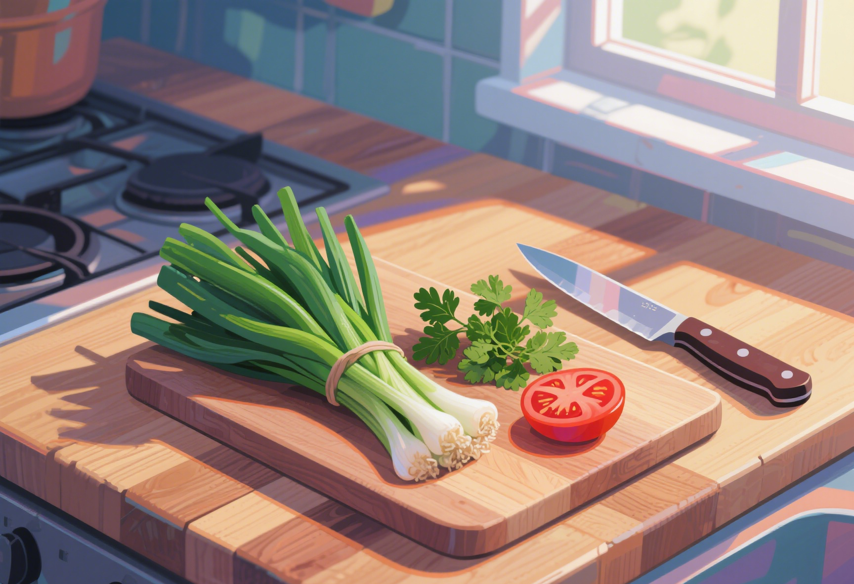 一位厨师正在厨房案板前切香菜和茴香,左手拿着一把新鲜香菜,右手持刀在切茴香苗,案板旁摆放着调料瓶和小碗,背景为整洁现代厨房,窗户透进阳光,体现健康烹饪环境 厨房操作场景图