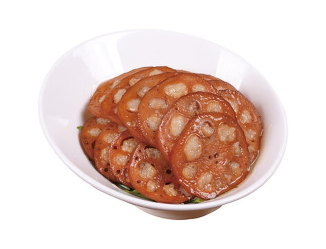 蜜莲藕成品图,色泽金黄,表面泛着蜜汁光泽 蜜莲藕成品图