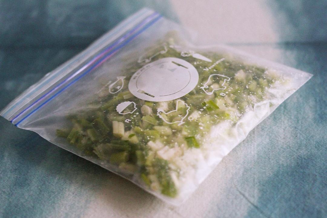 一位家庭主妇在开放式冰箱前,手中拿着几包标有‘葱花-20240405’的小号密封冷冻袋,冰箱冷冻格内整齐排列着类似包装的食材,展示家庭级大葱冷冻储存的最佳实践方式 家庭主妇在冰箱前整理分装好的冷冻大葱小袋