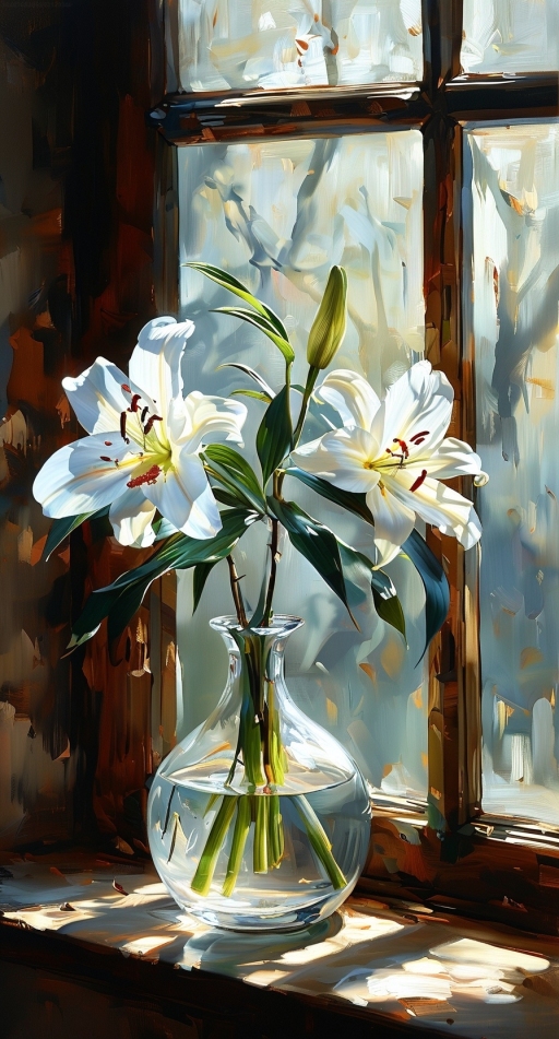 两名年轻女性在晨光中的阳台上共同插花,一人正在处理百合花茎,另一人专注注水,表情柔和,身旁摆放着花材与工具,氛围温馨亲密 两位女性坐在阳台木地板上,一人手持剪刀修剪百合花茎,另一人往玻璃瓶中注入清水,两人相视微笑,周围散落着几支待插的粉色亚洲百合