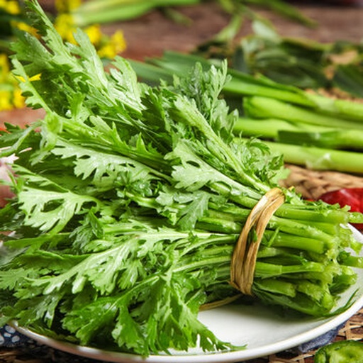 厨房冰箱抽屉内摆放两束茼蒿,一束用湿布包裹根部置于保鲜盒中,另一束松散放置已出现萎蔫,旁边配有标签注明‘最佳储存:保湿+冷藏’ 家庭厨房中茼蒿储存方法演示图