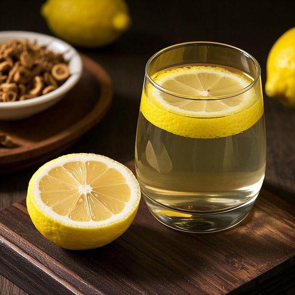 一位女性手持玻璃杯中的柠檬水，阳光透过杯子映出金黄色液体，桌上散落几片新鲜柠檬切片