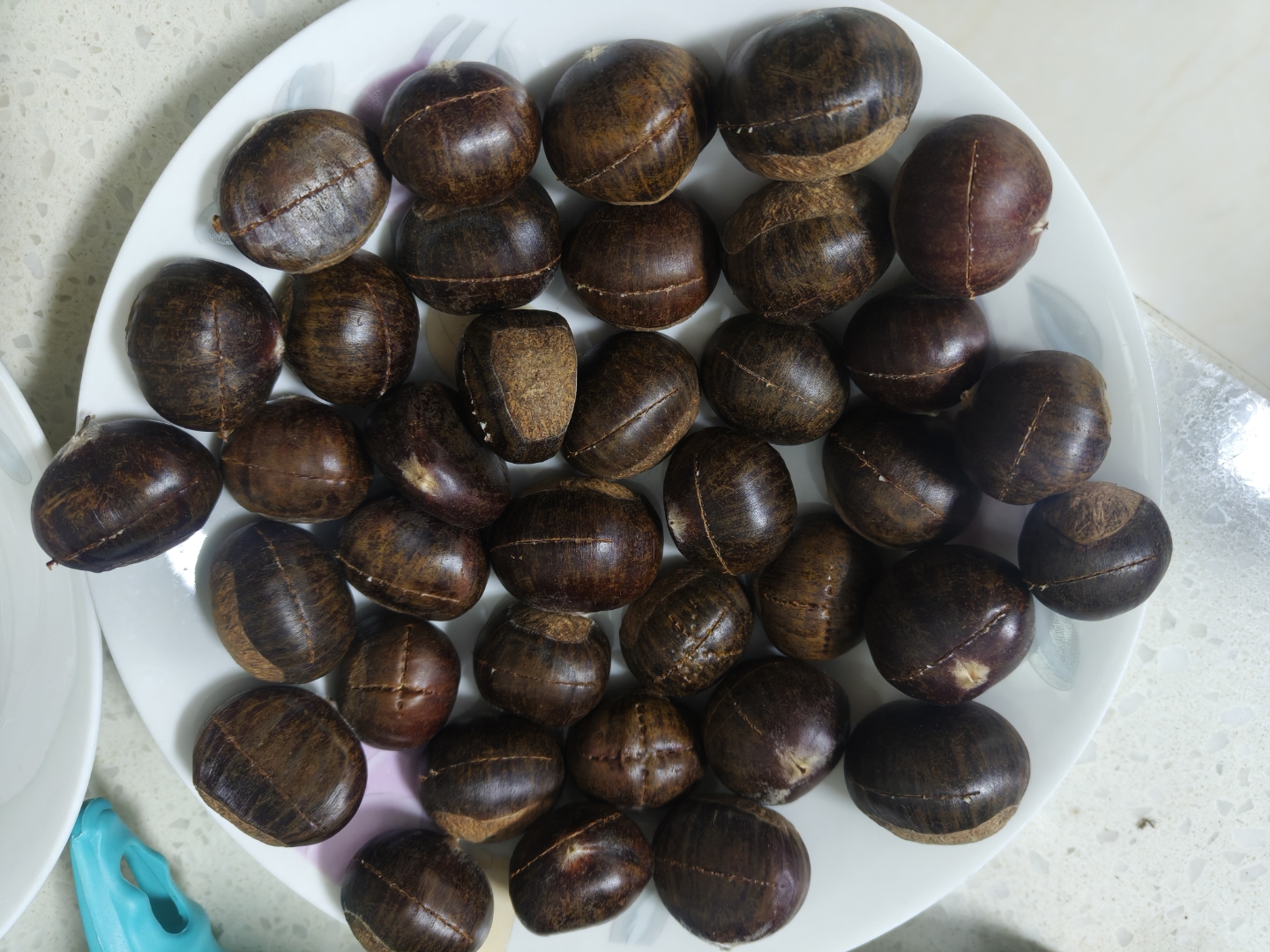 新鲜完整的带壳栗子特写