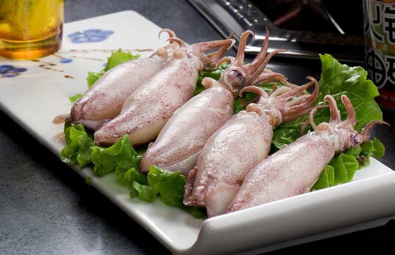 一条完整的新鲜冰鲜鱿鱼平铺在白色瓷盘中,表面泛着水润光泽,触须清晰可见,背景为木质料理台面,旁边摆放剪刀和厨房纸 新鲜鱿鱼特写