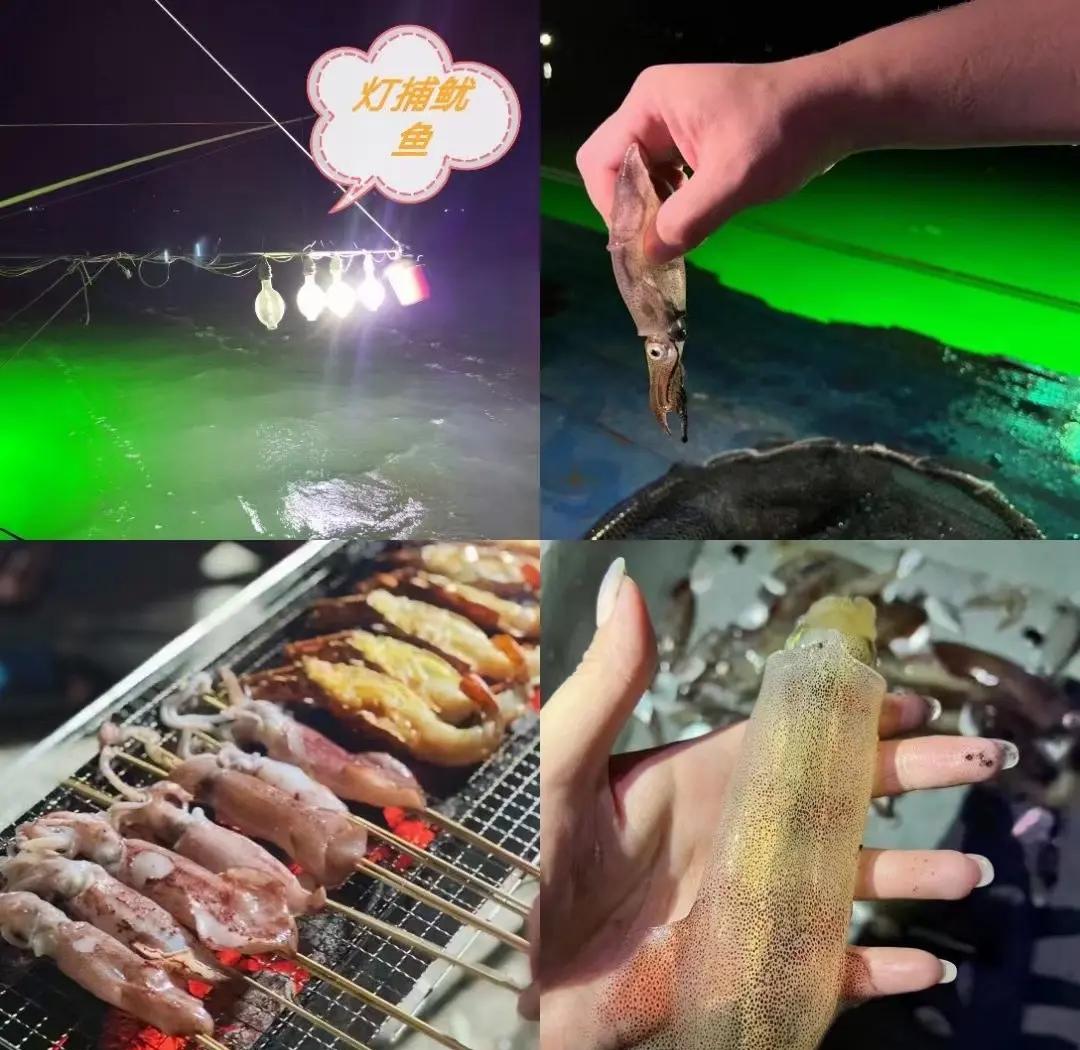 展示一艘渔船在夜间进行灯诱捕捞作业的场景,船尾强光照射海面吸引鱿鱼聚集,多名渔民正在使用电动卷线器起吊鱿鱼笼,海面泛起银色波光,远处可见其他作业船只灯光 渔民夜间灯诱捕捞实景图