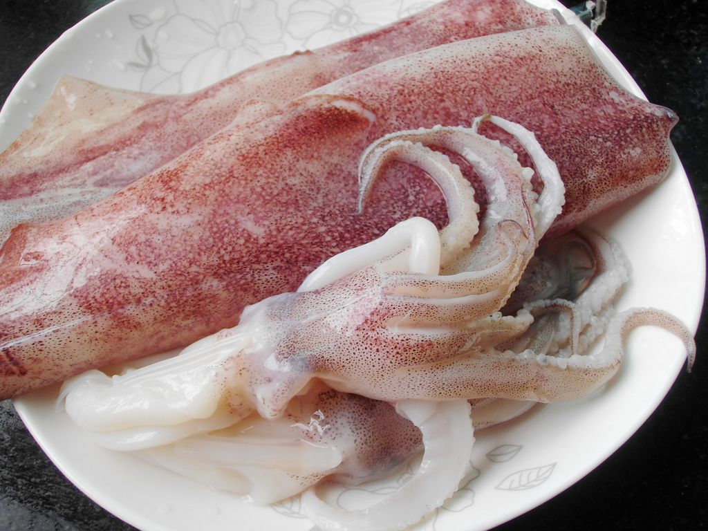 一条新鲜的带籽鱿鱼仔平铺在白色瓷盘中,身体呈半透明乳白色,腹部微微泛粉,内部可见密集的橙黄色小颗粒状鱿鱼籽,头部触须完整,背景为浅灰色木质餐桌,旁边配有姜片和青葱段 带籽鱿鱼仔特写