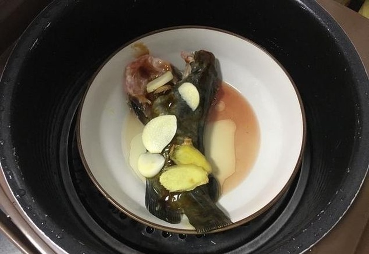 蒸锅中正在蒸制的多宝鱼,表面覆盖姜片与葱段,蒸汽升腾 蒸锅中正在蒸制的多宝鱼
