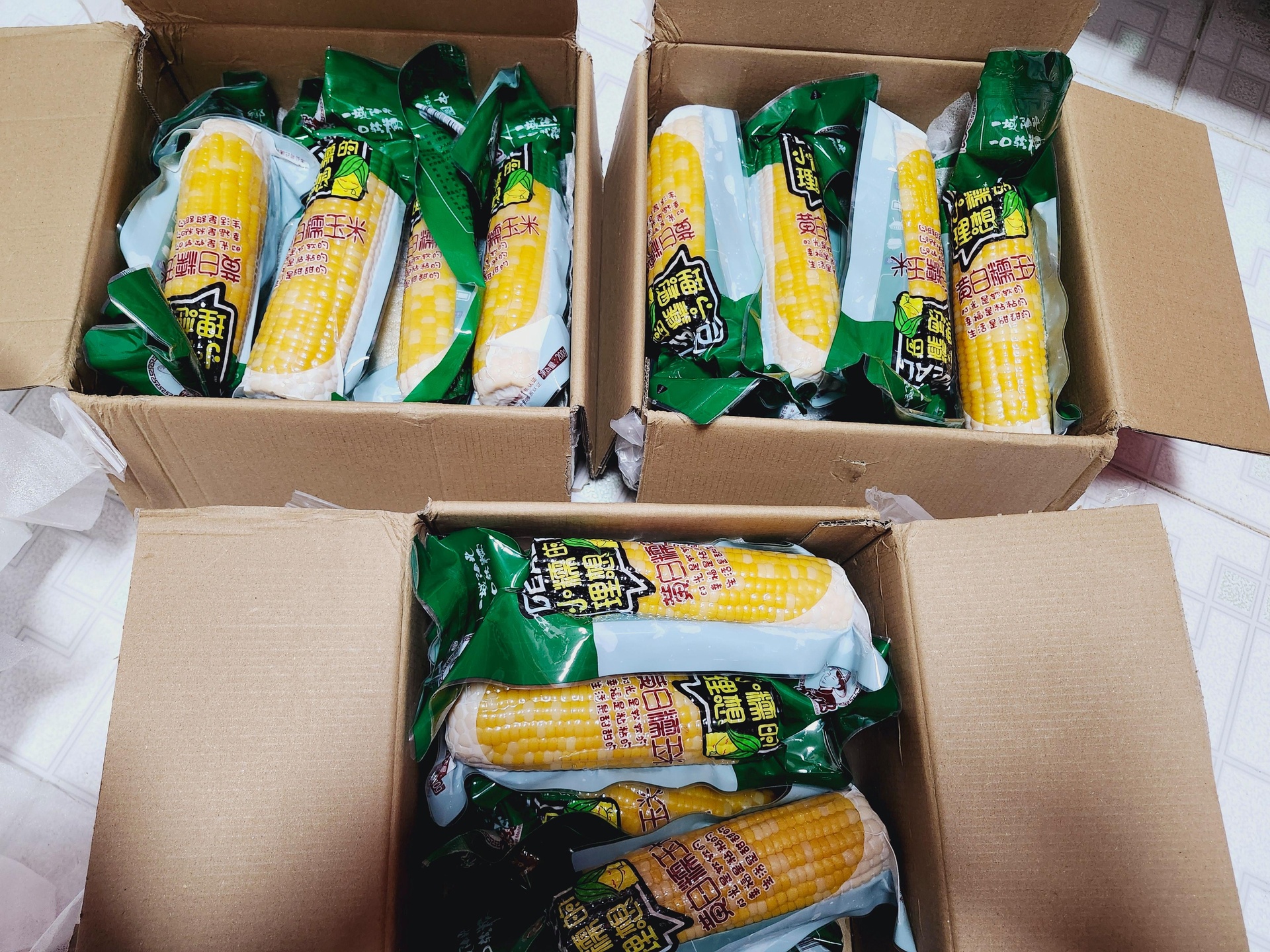 一张特写图片展示带有中国有机产品认证标志的包装袋,旁边摆放一根去皮的金黄色有机糯玉米,背景为绿色农田和太阳能杀虫灯,体现可持续农业理念 有机认证标签与玉米实物对照图