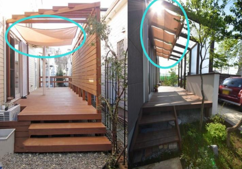 一片由菠萝木板材铺设的户外露台,木材呈暖棕色调,表面带有清晰的斜交纹理,边缘略带风化痕迹,周围配有绿植和藤编家具,展现出热带风情的庭院景观 菠萝木户外露台铺设实景图