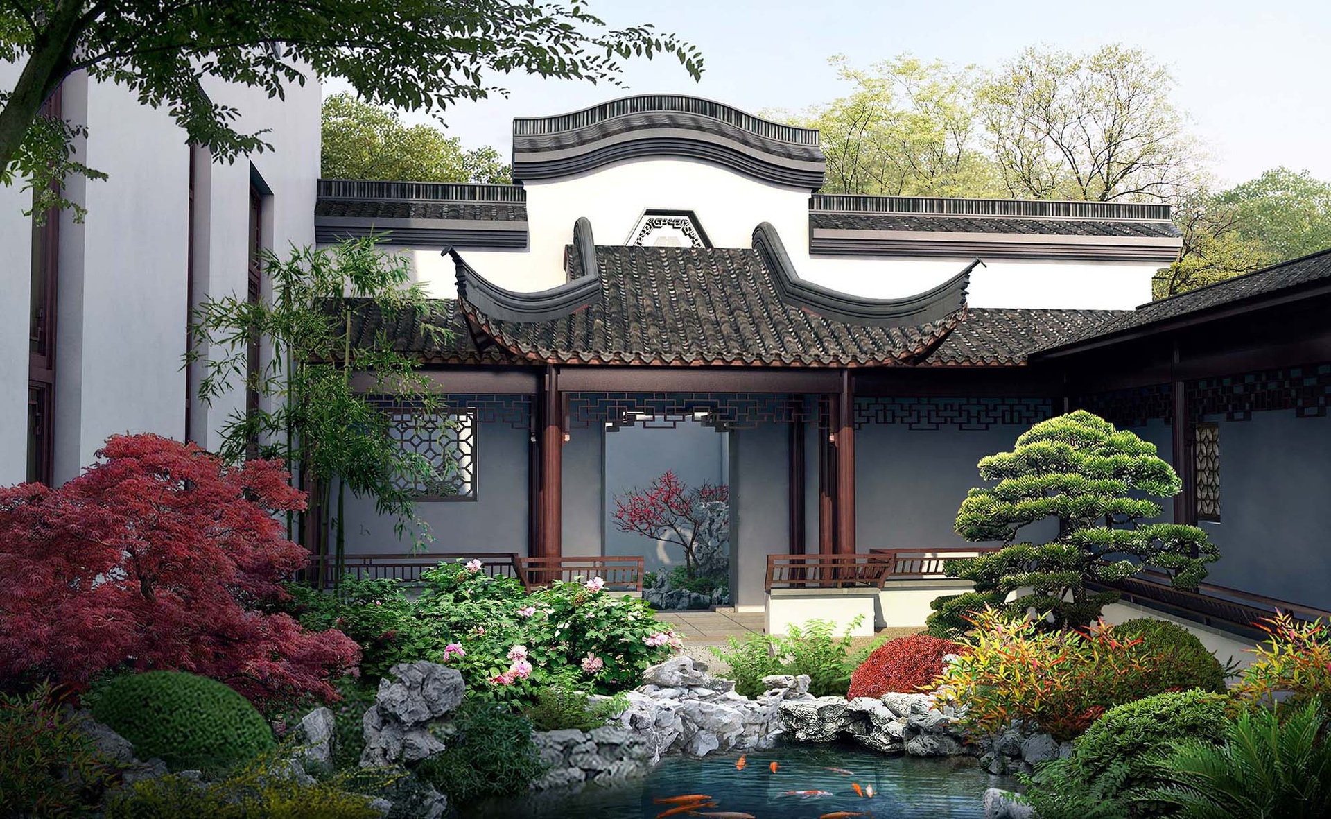 夏日庭院场景，石桌上摆放着一盘刚从井水中取出的甜瓜切片，旁边有竹篮、陶罐和盛开的荷花