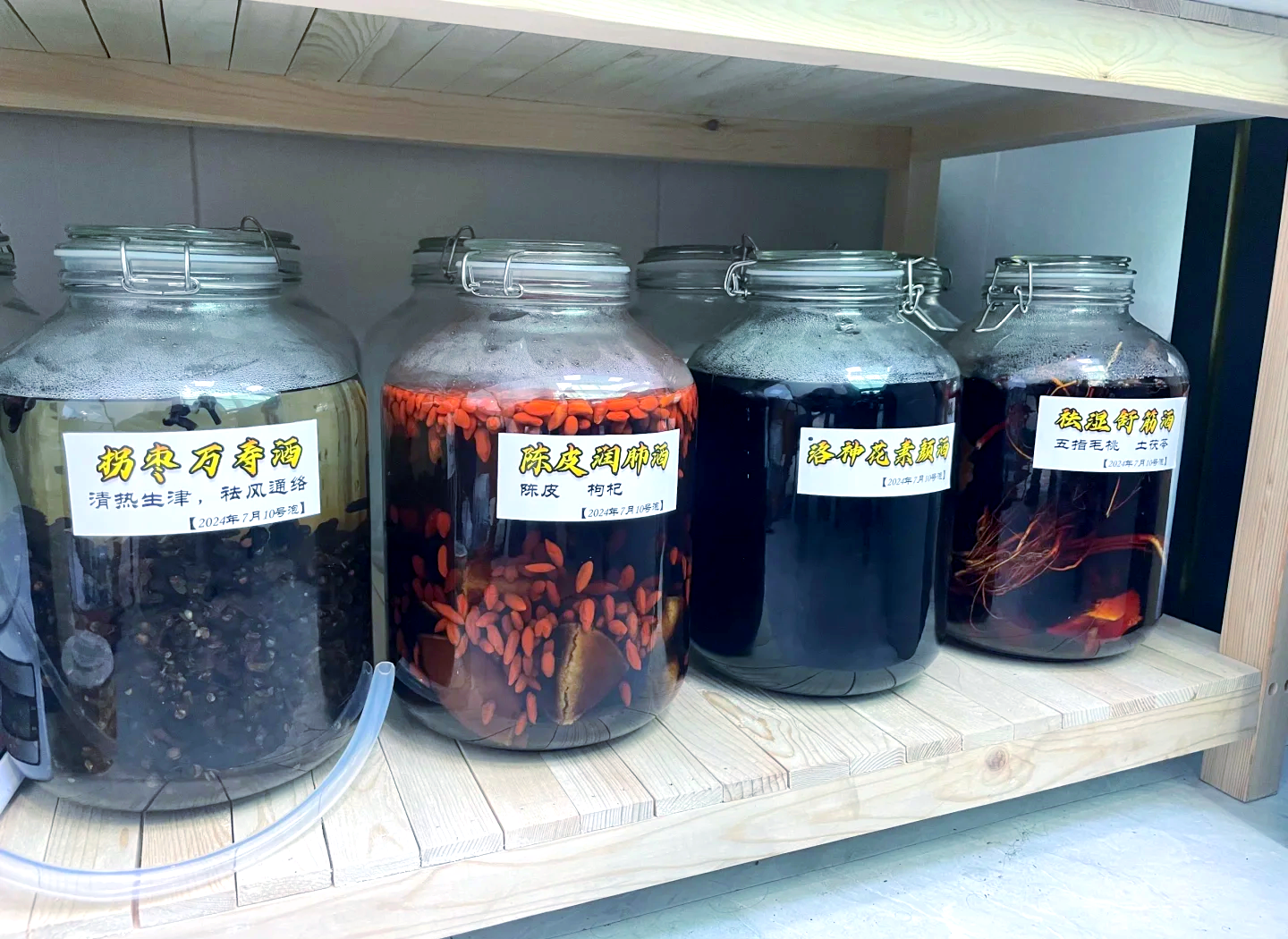 专业摄影呈现木瓜拐枣泡酒成品标准样貌:酒液澄澈无悬浮物,折射出温暖琥珀光泽;瓶标明确标注法定药材基源与陈酿周期,体现道地性与工艺规范性 木瓜拐枣泡酒成品展示:深琥珀色酒液盛于透明玻璃酒瓶中,瓶身标签标注"皱皮木瓜+拐枣果序轴·陈酿8个月",背景为木质案台与中药炮制工具(竹匾、铜秤)
